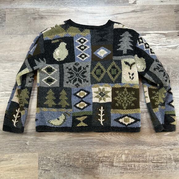 Nordic Design Wool Blend Cardigan Sweater Forest Patchwork Folkcore PM Petite - Picture 6 of 7
